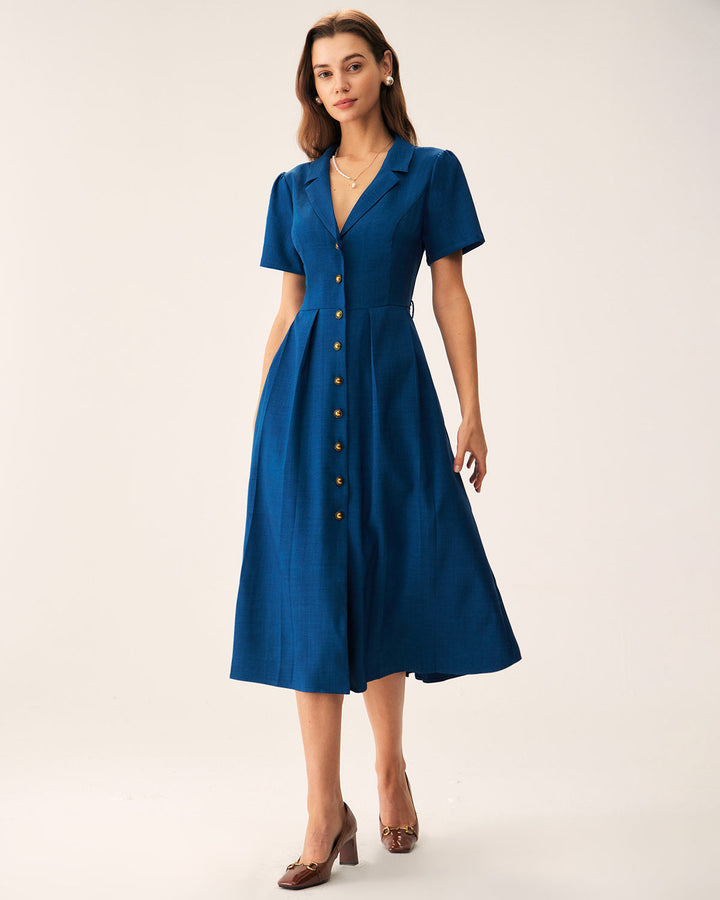 Vestito midi blu da donna, con pieghe, scollo a V profondo e bottoni decorativi, per un look raffinato.