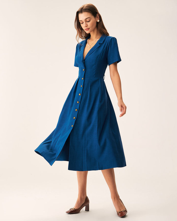 Abito midi plissettato blu donna, scollo a V con bottoni, perfetto per l'ufficio o un brunch estivo.