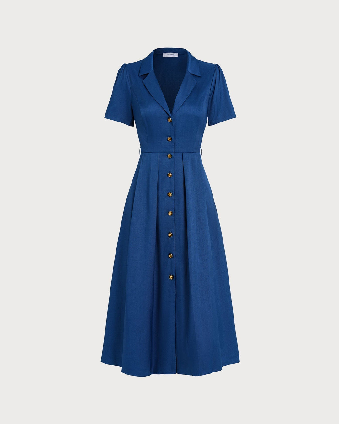Vestito estivo blu midi plissettato, scollo a V e bottoni, per un comfort e stile impeccabili ogni giorno.