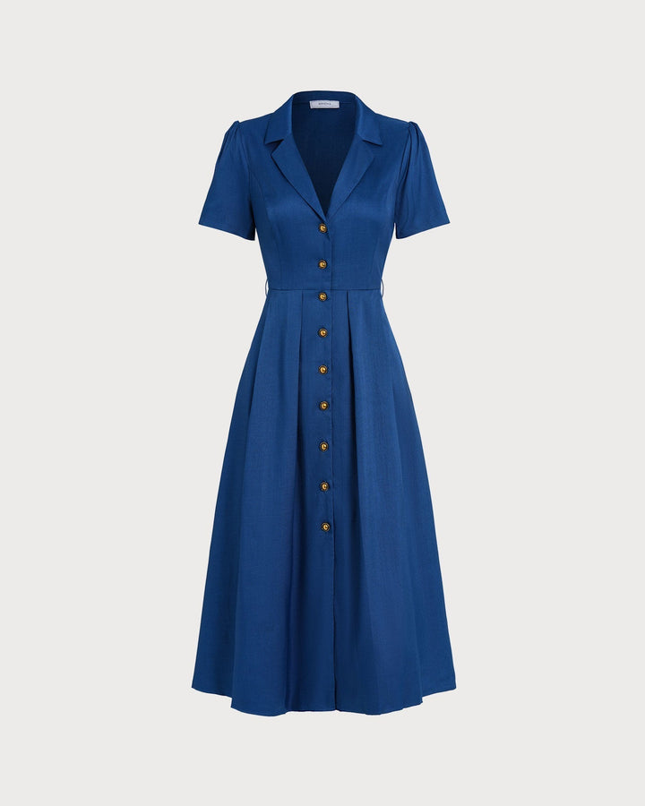 Vestito estivo blu midi plissettato, scollo a V e bottoni, per un comfort e stile impeccabili ogni giorno.