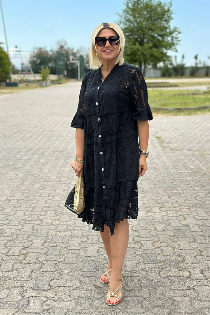 Vestito donna midi casual-chic a linea A con maniche 3/4. Ideale per primavera ed estate. Disponibile verde.