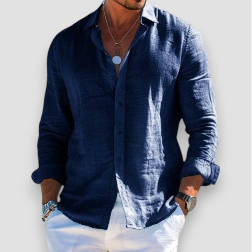 Camicia uomo estiva con colletto classico, tessuto in cotone poliestere leggero, per un outfit fresco ed elegante.