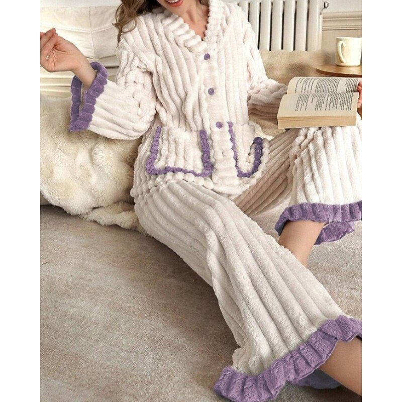 Completo due pezzi a coste donna viola con volant e vita elasticizzata, set casual elegante.