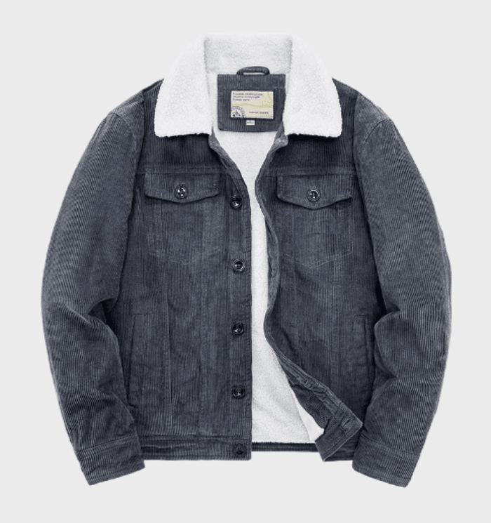Dettaglio giacca camionista uomo robusta, ideale per l'inverno. Tessuto caldo, outwear maschile di qualità e comfort.