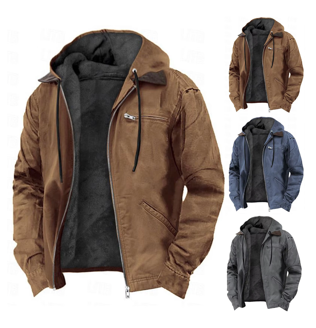 Giacca uomo casual autunnale, bomber con cappuccio, moda maschile, tasche funzionali, stile contemporaneo.