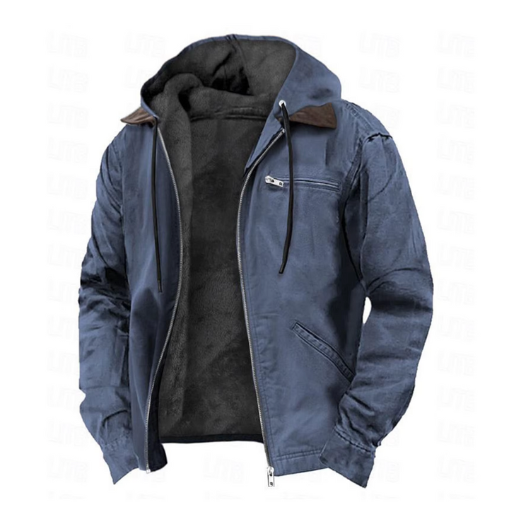 Giacca da uomo autunnale versatile, bomber con cappuccio, tasche, ideale per un look casual e alla moda.