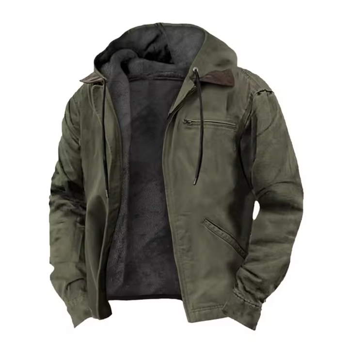 Giacca uomo autunnale stile vintage, bomber con cappuccio, tasche multiple, abbigliamento casual maschile.