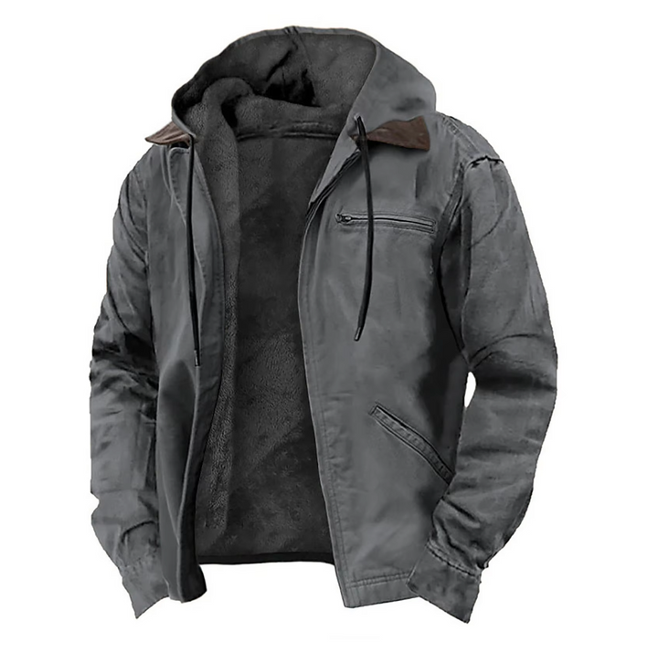 Giacca uomo autunnale, bomber con cappuccio e tasche multiple, casual, moda maschile.