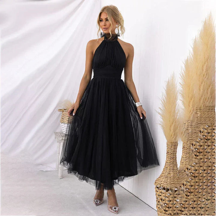 Abito midi per donna, scollo all'americana, stile raffinato per feste e cerimonie.