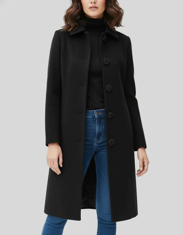 Trench invernale monopetto da donna, elegante e avvolgente, perfetto per l'abbigliamento femminile in città.