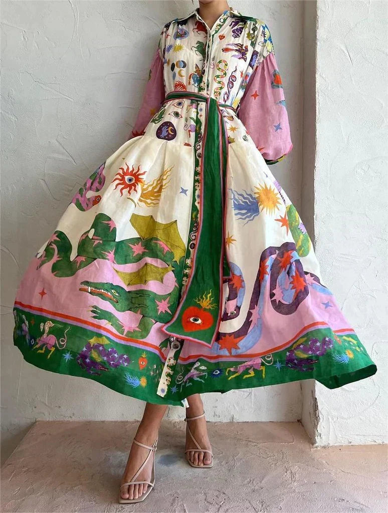 Maxi abito italiano multicolore da donna, elegante per sera estiva, stile sofisticato.
