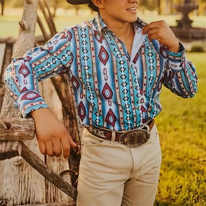 Camicia casual uomo a righe, maniche lunghe, stile western; moda uomo comoda e di tendenza.