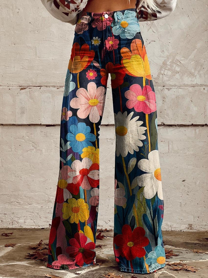Jeans donna vita alta gamba larga, con elegante motivo floreale autunnale. Perfetti per un look casual chic.