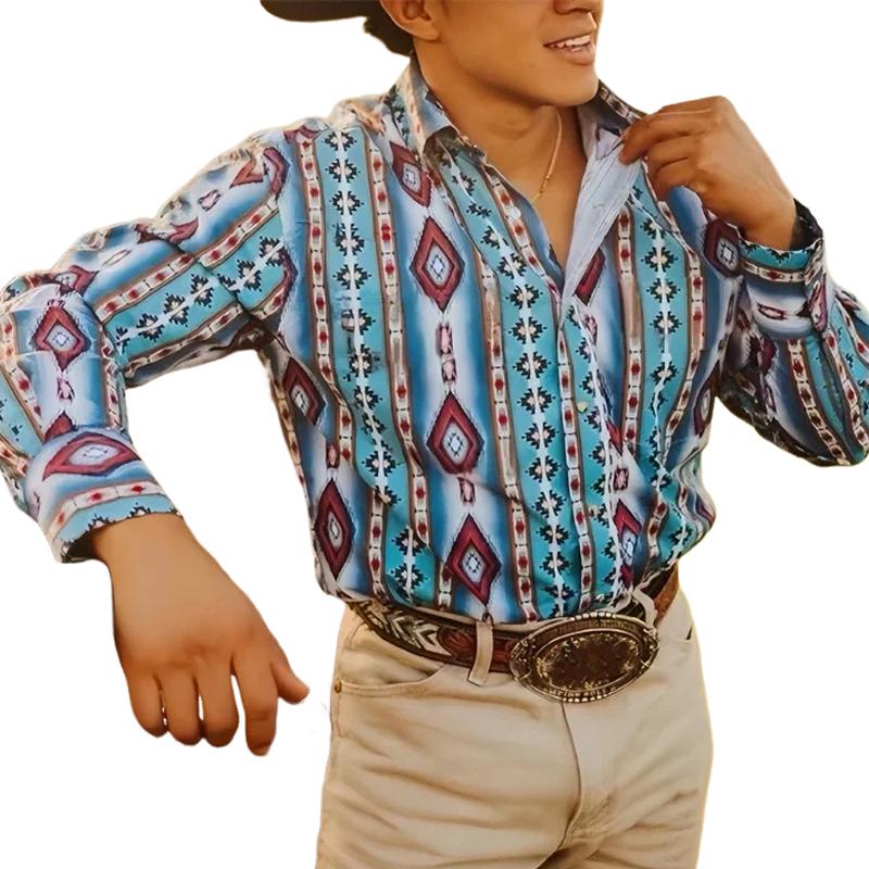 Camicia uomo a righe sottili, maniche lunghe, dettagli western, stile casual per moda versatile.