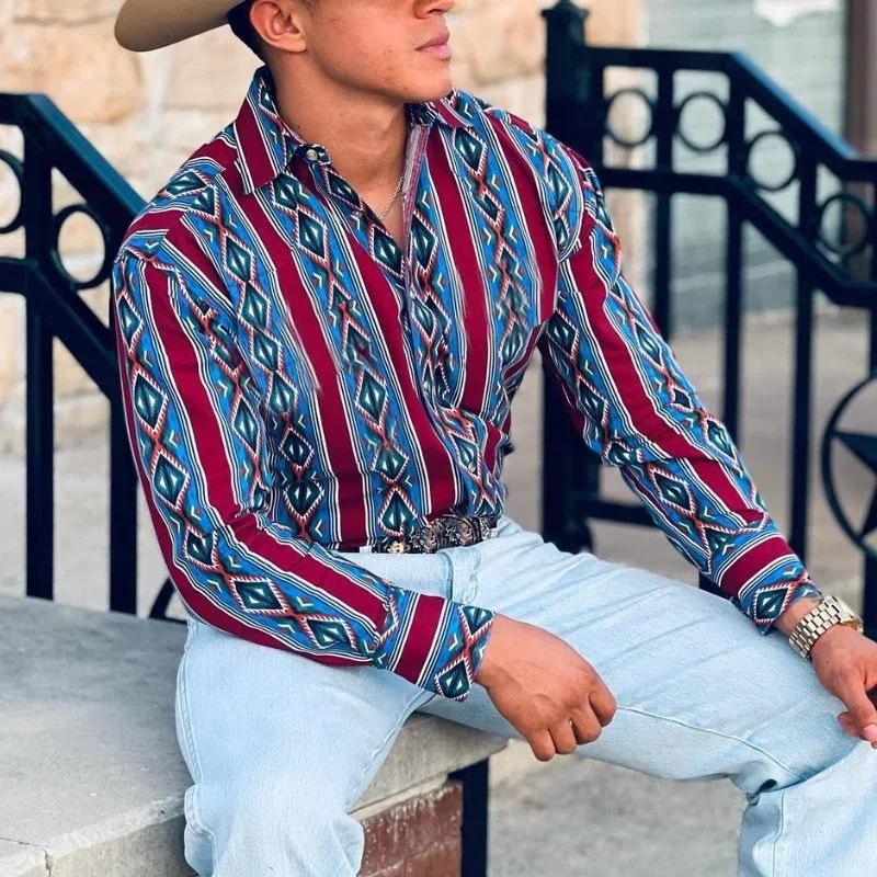 Uomo indossa camicia a righe western, maniche lunghe, stile casual, perfetta per look vacanza.