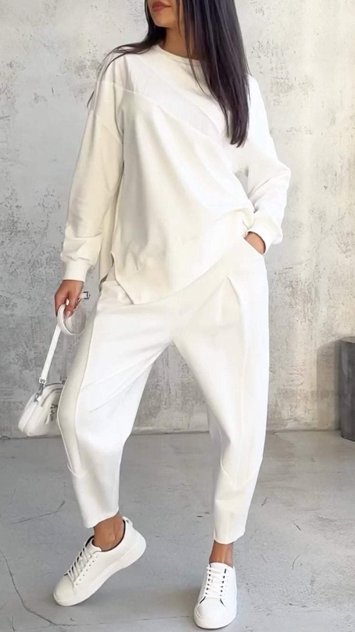 Set moda donna girocollo, outfit due pezzi ideale per stile casual e comfort tutto l'anno.