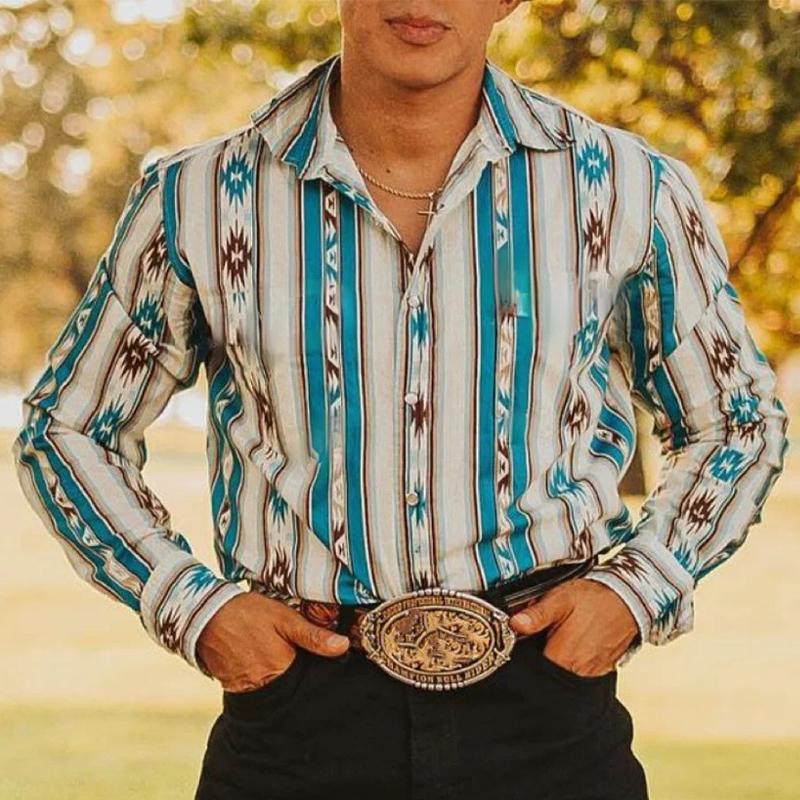 Camicia casual uomo a righe, maniche lunghe, perfetta per vacanza e look western moderno.