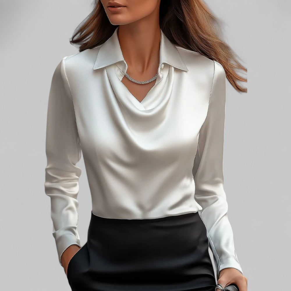 Blusa satinata donna elegante con collo drappeggiato e maniche lunghe, perfetta per sera e ufficio.