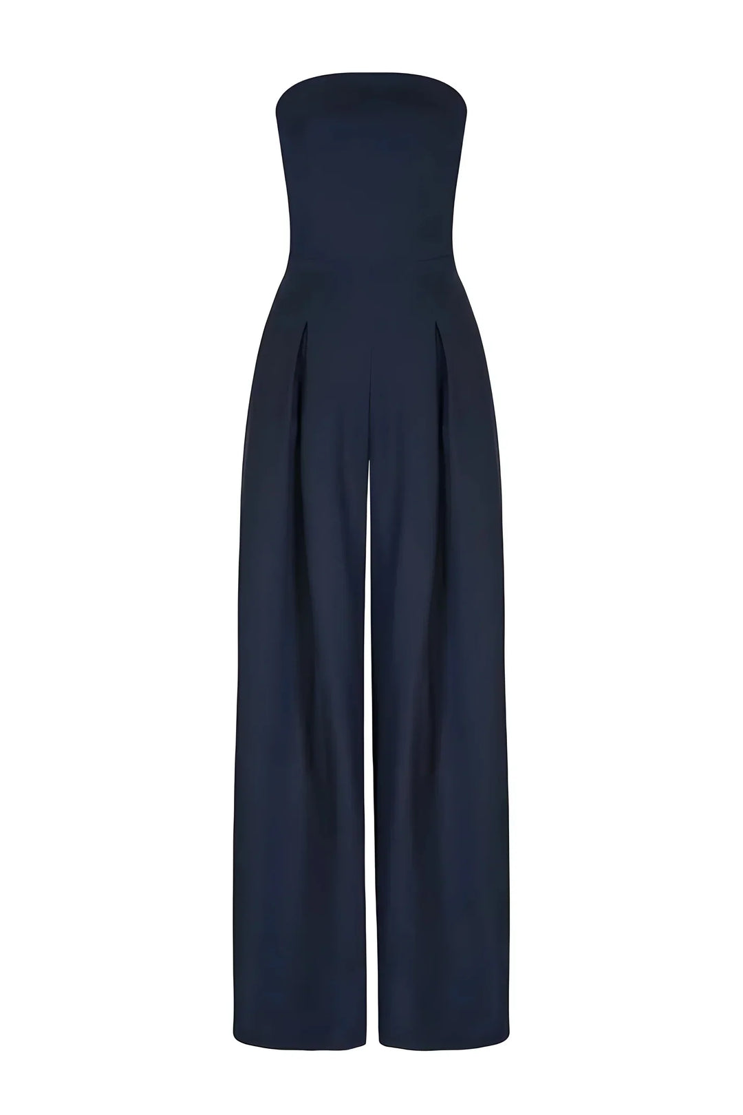 Completo donna elegante blu navy, tuta larga senza spalline ideale per cerimonie estive.