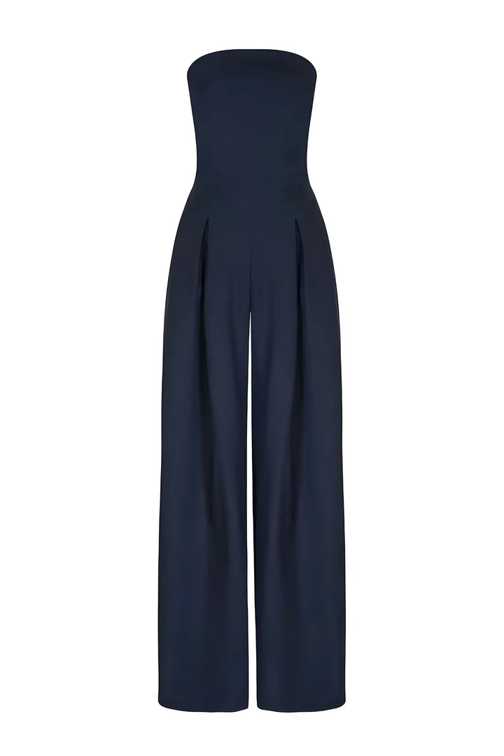 Completo donna elegante blu navy, tuta larga senza spalline ideale per cerimonie estive.