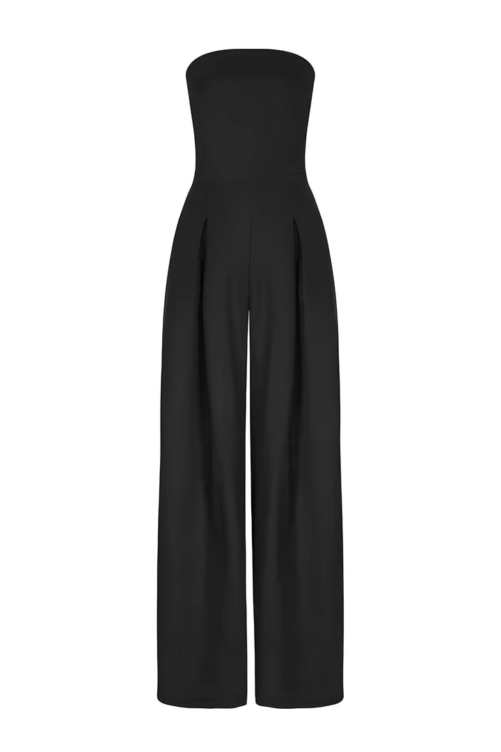 Moderna tuta donna nera a gamba larga, design senza spalline per un look estivo alla moda.