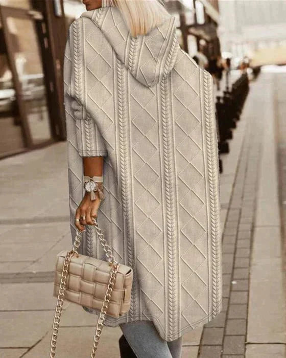 Cardigan lungo da donna con cappuccio, caldo e comodo, ideale per l'inverno. Perfetto per outfit casual o eleganti.