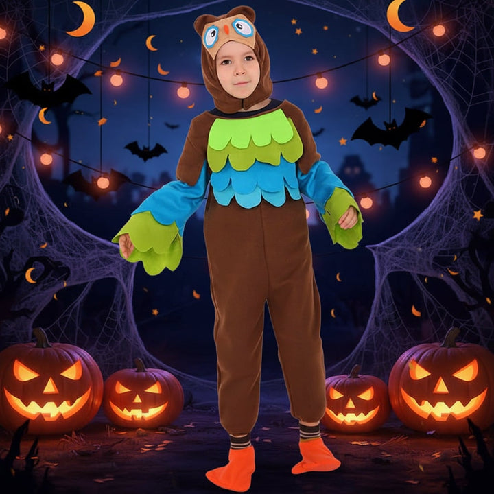 Travestimento da gufo in peluche per bambini, costume animale per Halloween o feste.