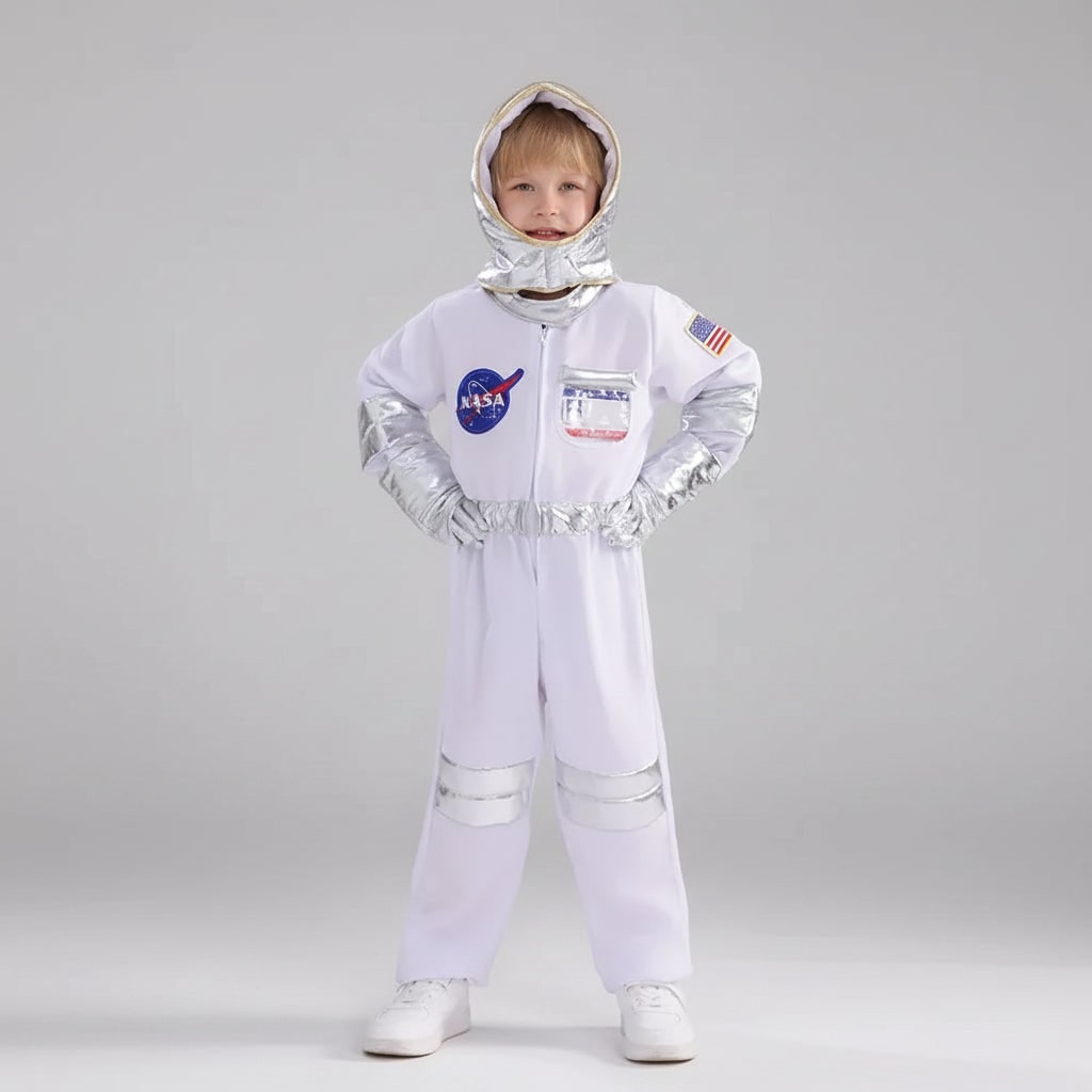 Bambino felice in costume da astronauta con tuta spaziale dettagliata e toppe. Ideale per travestimenti e avventure nello spazio.