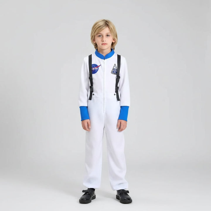 Costume astronauta da bambino, tuta bianca con bandiere e simboli spaziali. Perfetto per carnevale, Halloween o recite.