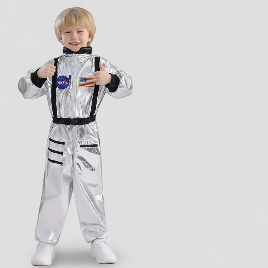 Primo piano del costume astronauta per bambini: tuta spaziale con cerniere e tasche, pronta per il gioco e l'esplorazione.