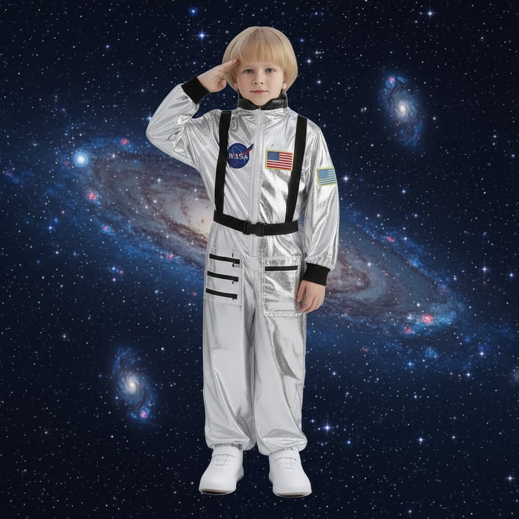 Set completo costume astronauta per bambini, include tuta spaziale bianca e toppe. Per giochi di ruolo e feste a tema avventura.