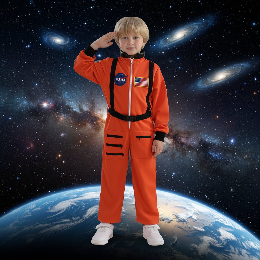 Costume spaziale per bambini, tuta bianca da astronauta con toppe da missione. Per feste, travestimenti e sogni di esplorazione.