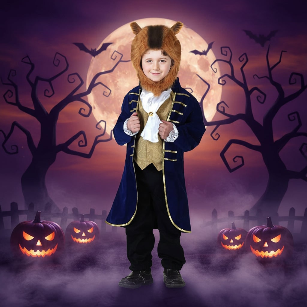 Bambino con costume da Bestia di Halloween, perfetto per trasformazioni magiche e giochi di ruolo fantasy.