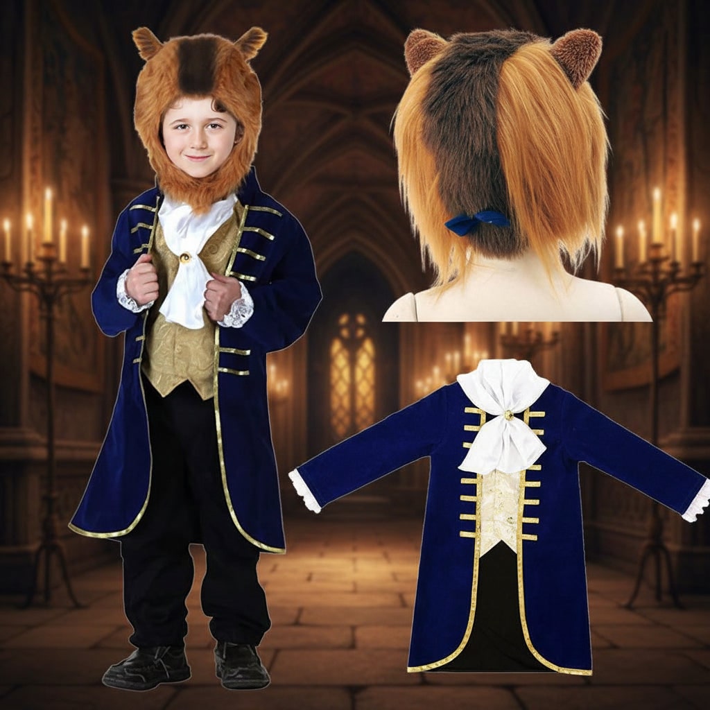 Giovane avventuriero in costume da Bestia, pronto per giochi di ruolo e recita scolastica a tema fantasy.