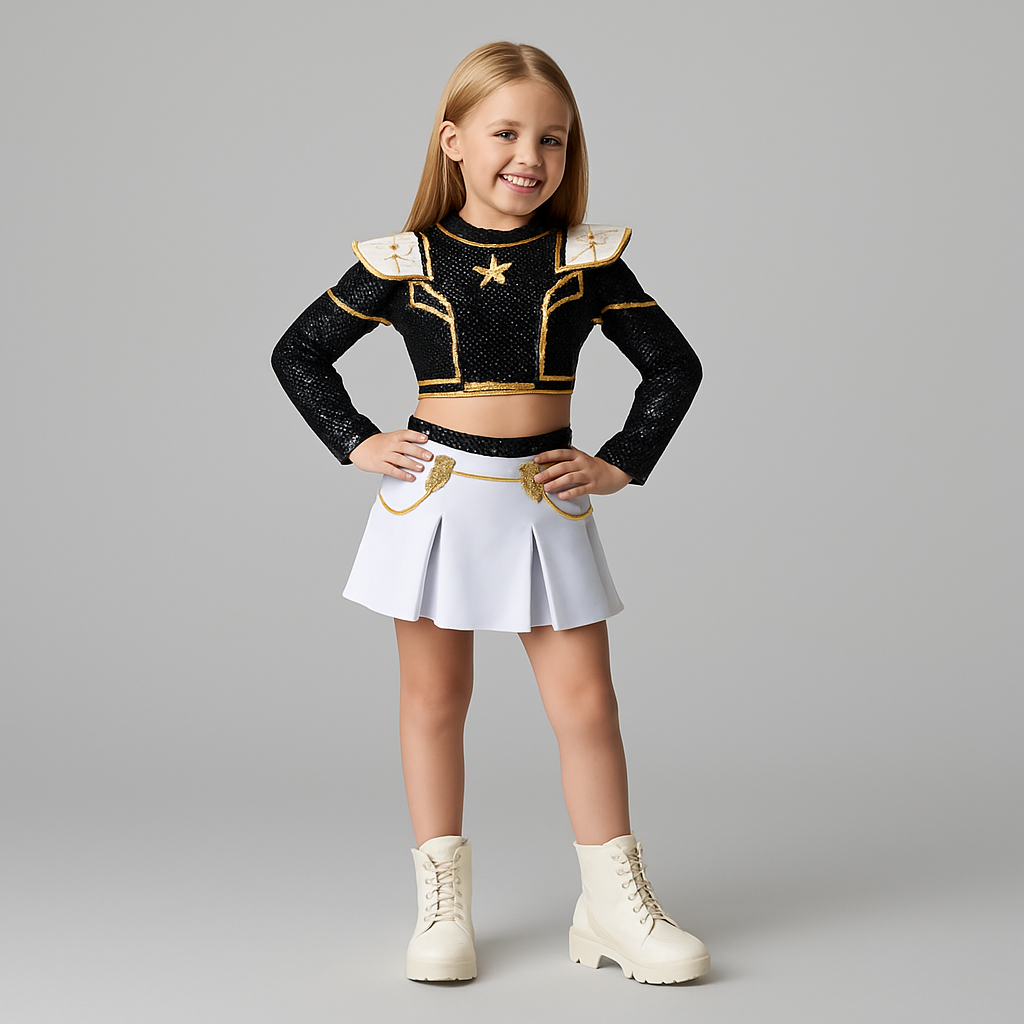 Costume da cheerleader scintillante per bambina con top a paillettes e gonna a pieghe, perfetto per Halloween.