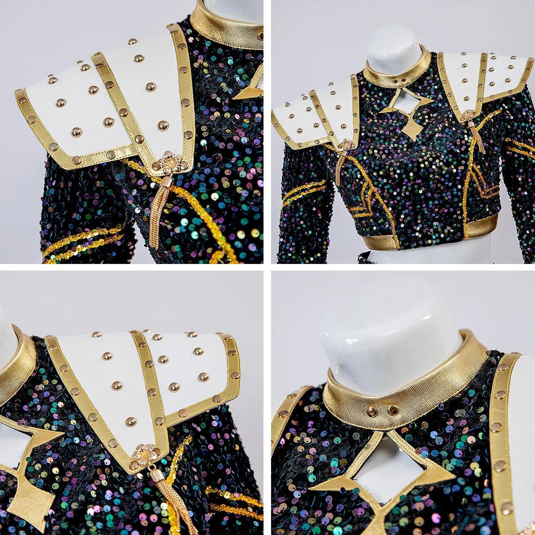 Top scintillante con paillettes e gonna a pieghe, costume da cheerleader completo per bambina, Halloween o festa.