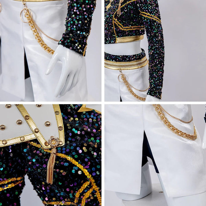 Costume bambina cheerleader, top paillettes scintillante, gonna pieghe, travestimento Halloween, Carnevale, Cosplay.