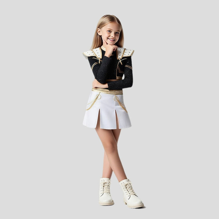 Gonna a pieghe scintillante per costume da cheerleader bambina, perfetta per cosplay e feste a tema Halloween.