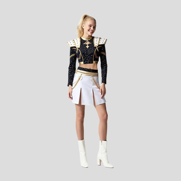 Costume di Halloween da cheerleader con paillettes per bambina, include top e gonna, per feste e divertimento.