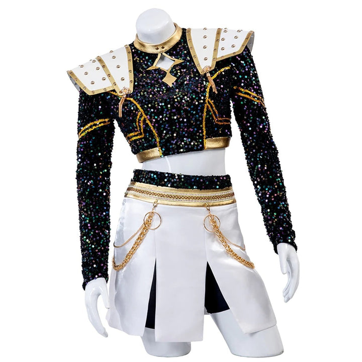 Costume da cheerleader bambina: top a paillettes argento e gonna a pieghe per un look brillante e festoso.