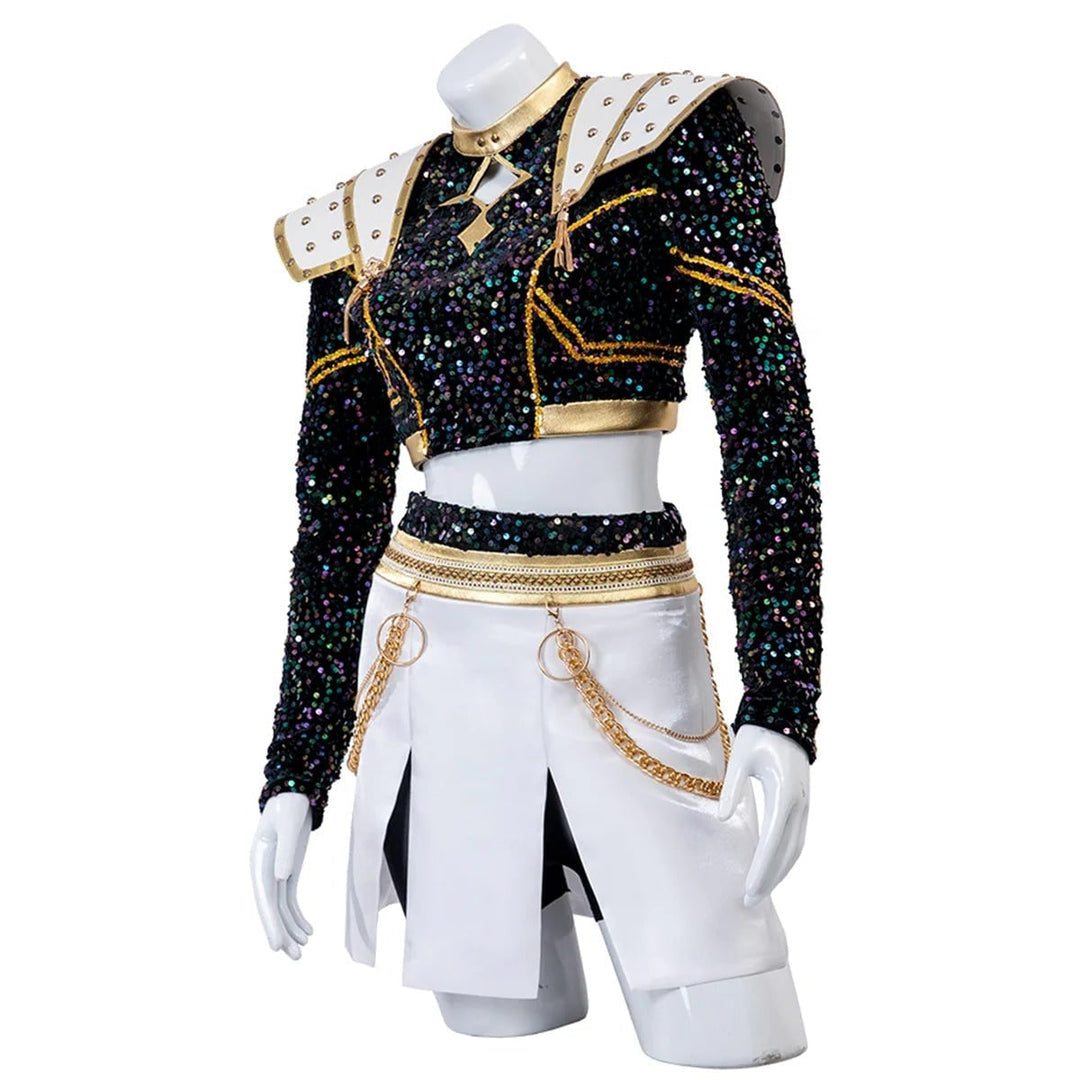 Costume da cheerleader scintillante per bambina, include top e gonna, ideale per Halloween, feste e cosplay.