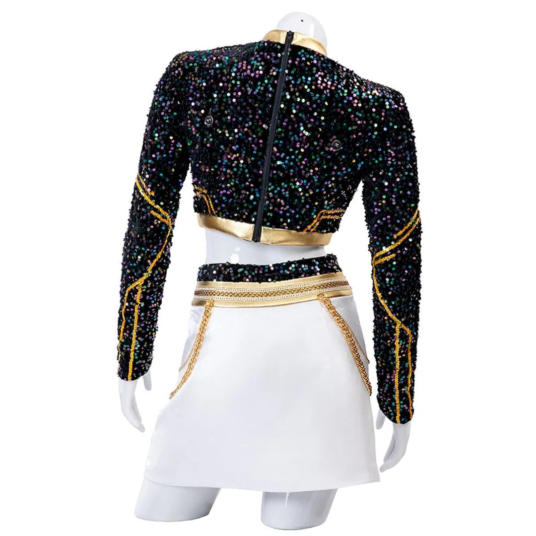 Vivace costume da cheerleader per bambina, con top di paillettes brillanti e gonna a pieghe, per cosplay divertenti.