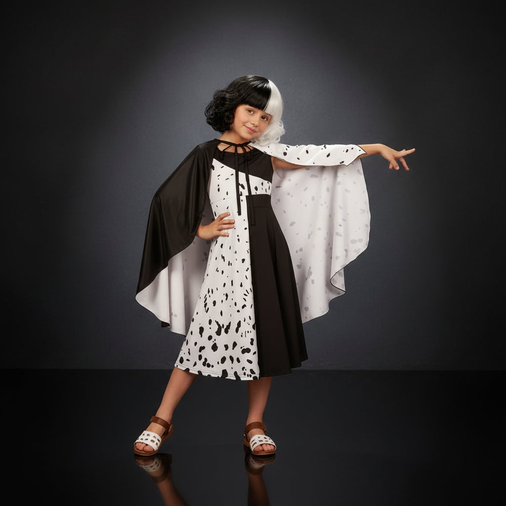Costume Crudelia De Mon per bambina con abito elegante bianco e nero e mantello per Halloween.
