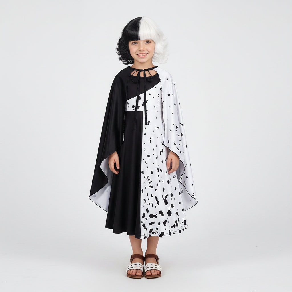 Abito Crudelia De Mon per bambina, ispirato ai dalmata, con mantello e colori classici bianco e nero.