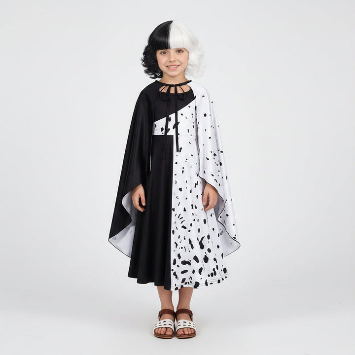 Abito Crudelia De Mon per bambina, ispirato ai dalmata, con mantello e colori classici bianco e nero.