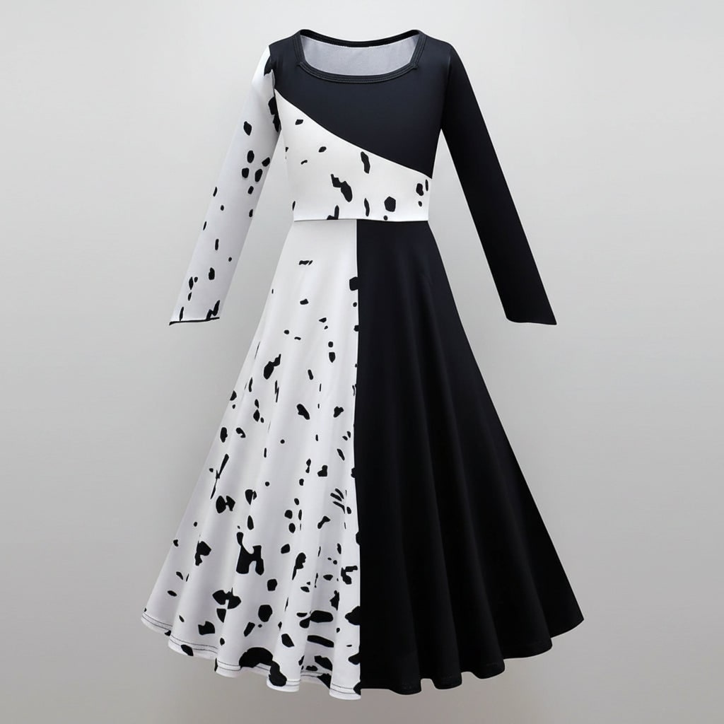 Costume di Crudelia De Mon per bambina, travestimento da cattiva elegante con mantello per feste.