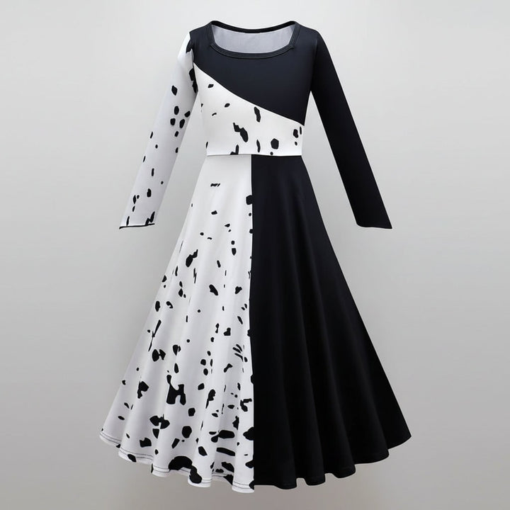 Costume di Crudelia De Mon per bambina, travestimento da cattiva elegante con mantello per feste.