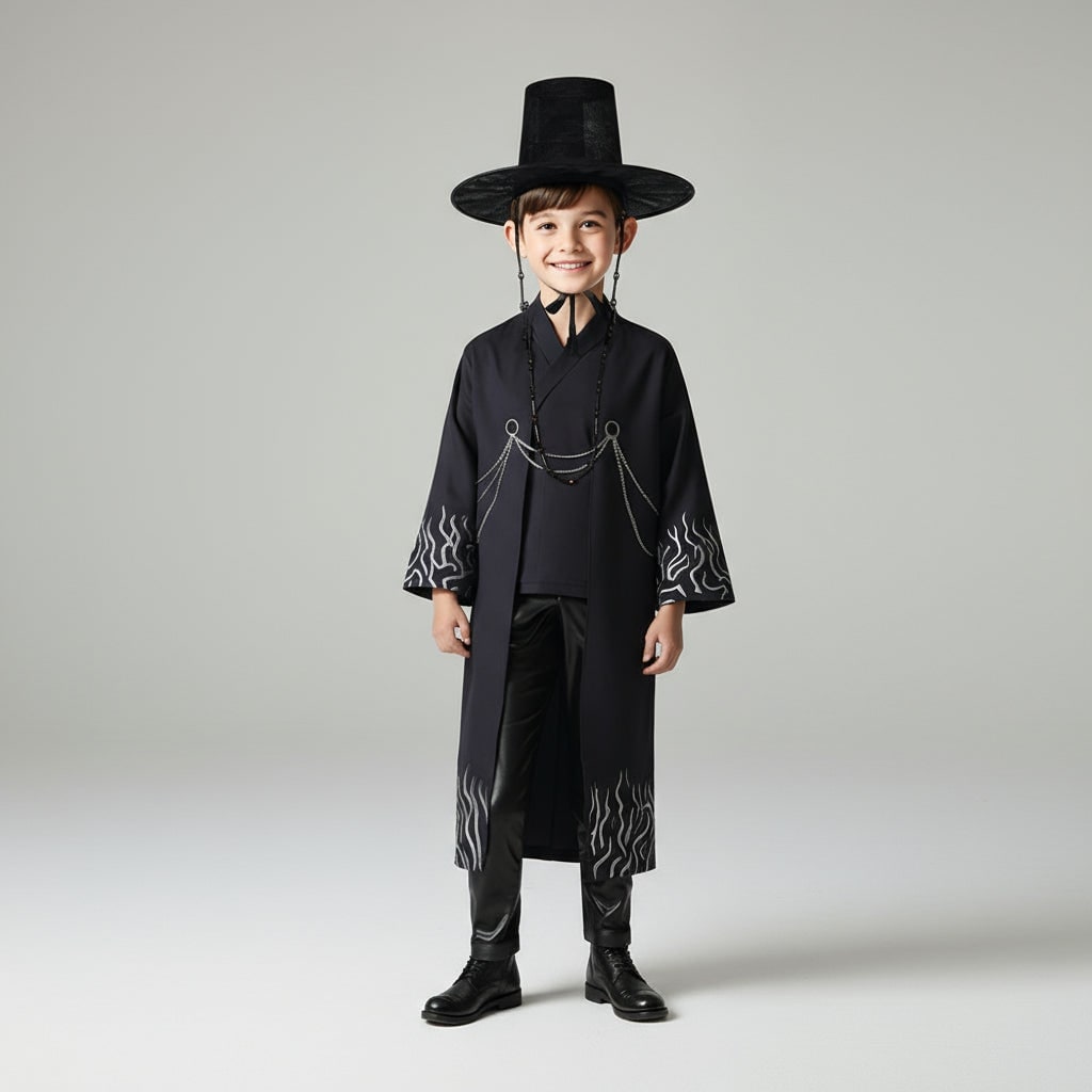Costume da Mietitore bambini stile coreano con cappello gat, perfetto per Halloween o cosplay.