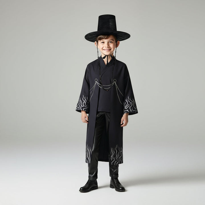 Costume da Mietitore bambini stile coreano con cappello gat, perfetto per Halloween o cosplay.