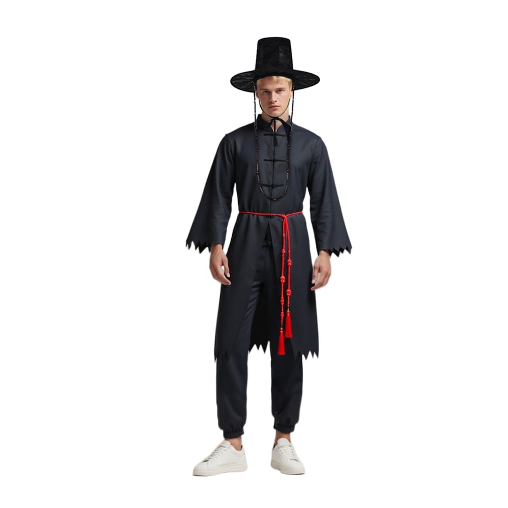 Set completo costume mietitore coreano per bambini, con cappello gat, ideale per cosplay e Halloween.